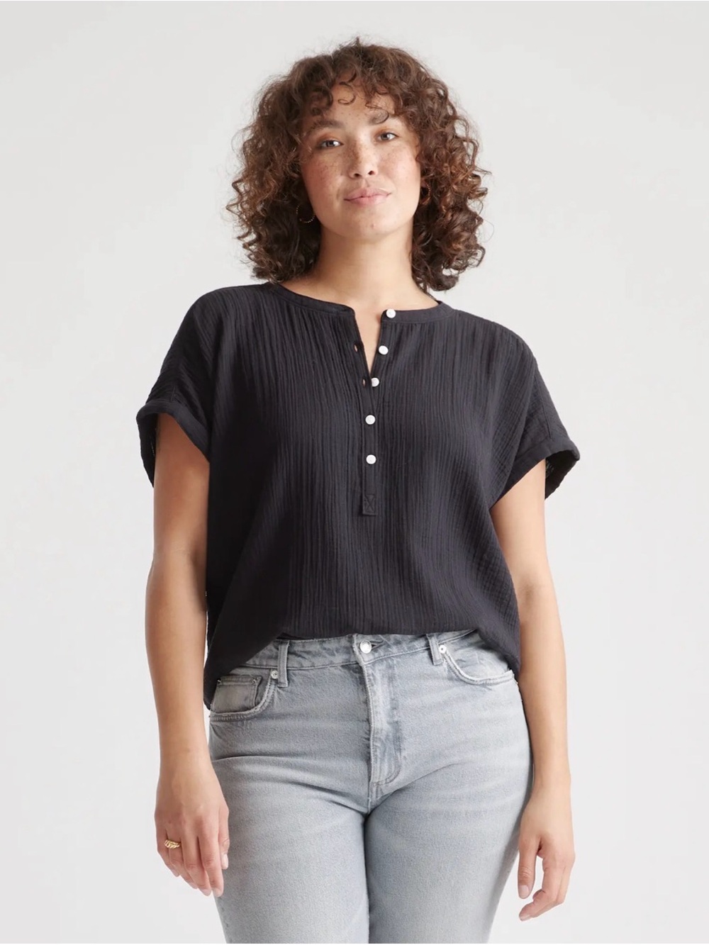 NWT Quince 100% Organic Cotton Gauze Roll Sleeve Shirt black S